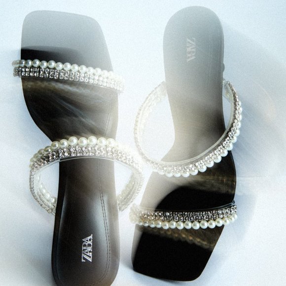 NEW ZARA Rhinestone Pearls Heeled Sandals, Black, good for US6.5 / US 7 - Picture 3 of 8